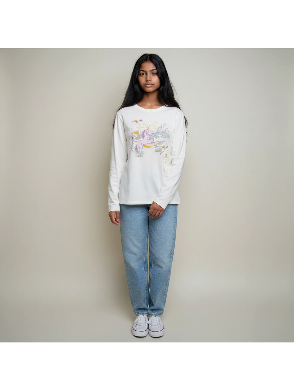 New Cat & Jack Top Girls M Medium Beige Graphic Print Long Sleeve Cotton Casual
